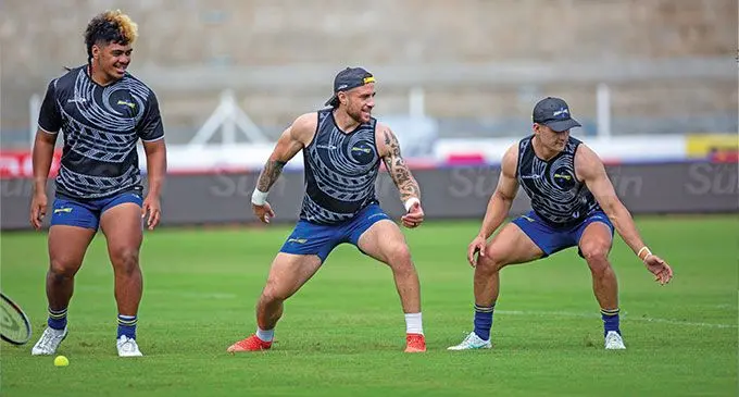 Hurricanes halfback TJ Perenara (middle) during the captain’s run at the HFC Bank Stadium, Suva, on April 18, 2024. Photo: Leon Lord