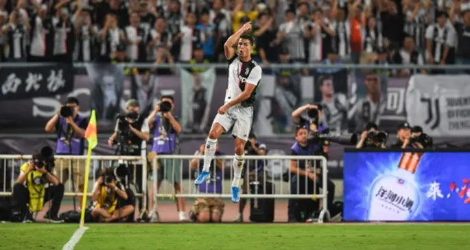 Cristiano Ronaldo of Juventus celebrates scoring during the 2019 International Champions Cup football match between Juventus and Inter Milan in Nanjing, east China's Jiangsu Province, July 24, 2019. (Xinhua/Li Bo)