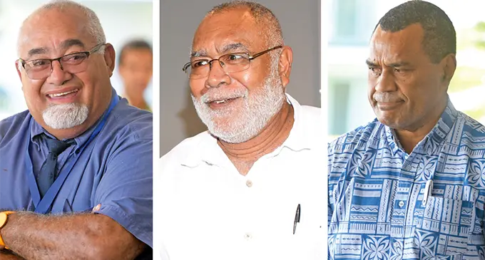 Newly-elected executives of the suspended SODELPA (from left) Ratu Epenisa Cakobau (acting vice president), Ratu Jone Lesuma (acting vice president) and Ilisoni Vuidreketi  (acting treasurer) after the meeting at the Holiday Inn Suva on June 18, 2020.  Photo: Ronald Kumar