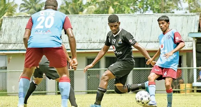 Ba defender Mitieli Naiviro defends against Nasinu during the Vodafone Premier League. Photo: Fiji Football Association Media