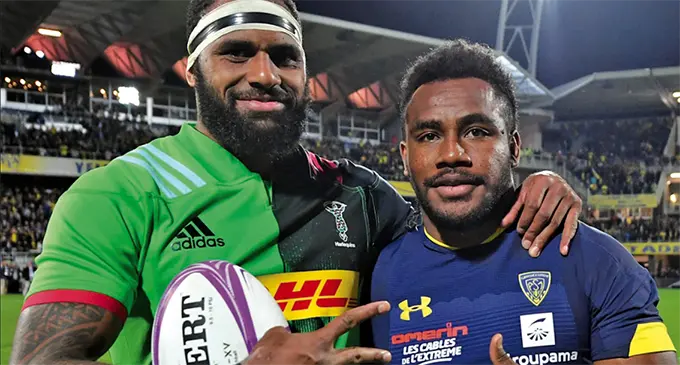 From left: Harlequins forward Semi Kunatani and Clermont utility backline player Setariki Tuivucu after the Challenge Cup competition in France .Photo: RugbyPass