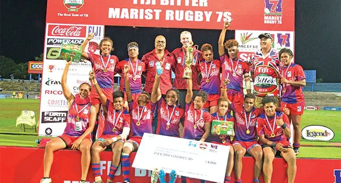 Marist Seahawks 1 celebrate after winning the women's title at the Fiji Bitter Marist 7s at the ANZ Stadium, Suva on March 23, 2019. Photo: Ronald Kumar.