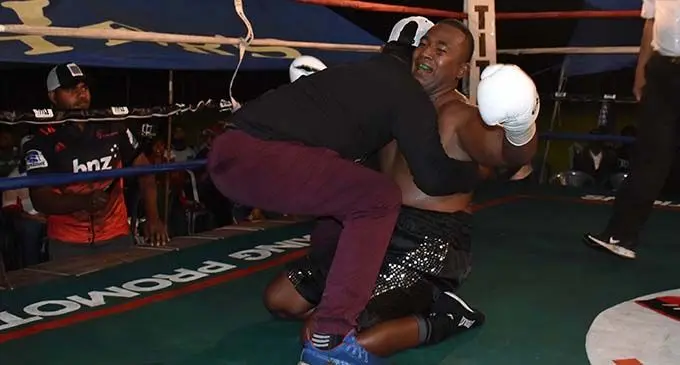 James Singh celebrate his win over Petero Qica at Prince Charles Park in Nadi on June 30, 2019. Photos: Waisea Nasokia