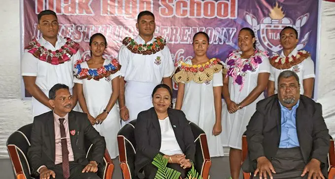 Back row, (standing from left), deputy head boy, Justin Singh, deputy head girl Shannon Narayan, head boy Aryan Raj, head girl Sera Waqa, deputy head girl Sandra Mere Ravaga, deputy head boy, Kavaia Salusalu. Front row (seated from left), Principal Vinod Charan, Minister for Education, Heritage and Arts Premila Kumar and Divisional Education officer Sanaila Nauga.  Photo: Waisea Nasokia