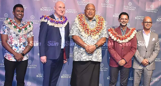 From left: Fijian Competition and Consumer Commission Chief Executive Officer, Joel Abraham, Area VP Australia, NZ and Pacific for Marriott International Sean Hunt, President of Fiji, Ratu Wiliame Katonivere, Multi Property Vice President Neeraj Chadha and Hotel Manager at the Sheraton Fiji Golf and Beach Resort on May 27, 2022. Photo: Waisea Nasokia.