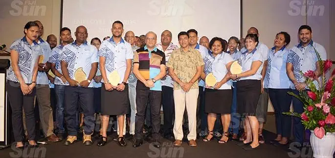 Fiji Ports Terminal Limited Employees Award winners with Chief executive officer Hasthika Dela, Vajira Piyasena Chief Executive Officer for Fiji Ports Corporation Limited (FPCL) and Board Chairman Hasmukh Patel at Grand Pacific Hotel on February 20, 2021. Photo: Ronald Kumar.