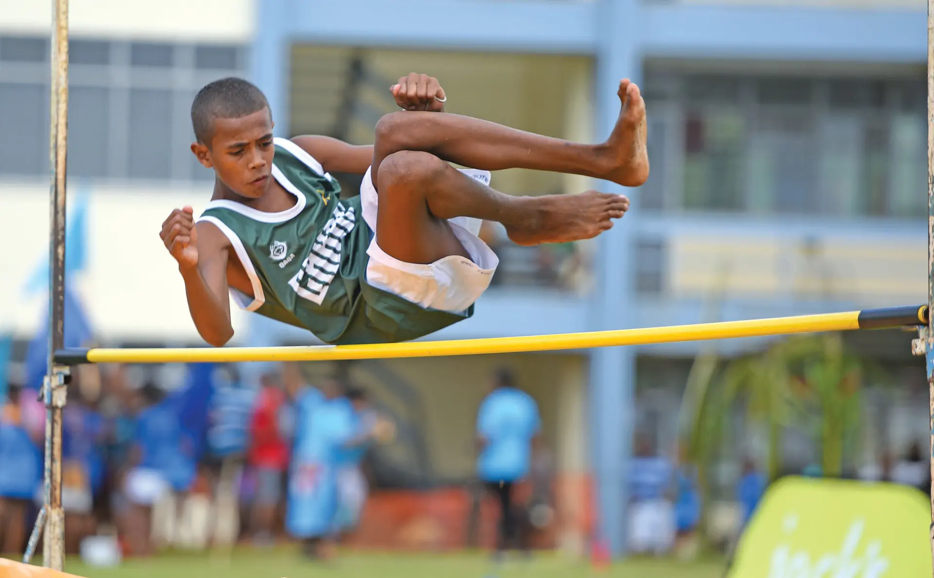 Simione Laselevu clears the bar during Ratu Kadavulevu School Inter-house sub-junior boys high jump final in Lodoni on February 2018. Photo: Ronald Kumar.