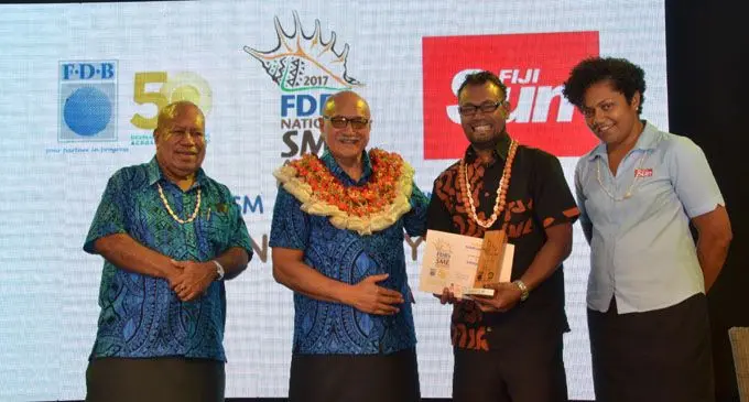 From left: Fiji Development Bank board director Inia Naiyaga, President, Major-General (Ret’d) Jioji Konrote, Vanua Clay Fiji owner Taito Lawakele and the Fiji Sun managing editor digital Rosi Doviverata at the 2017 FDB National SME Awards night on Friday, February 9, 2018 at the Grand Pacific Hotel, Suva .  Photo: Fiji Development Bank.