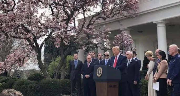 U.S. President Donald Trump (Front) addresses a news conference at the White House in Washington D.C., the United States, on March 13, 2020. (Xinhua/Liu Jie)