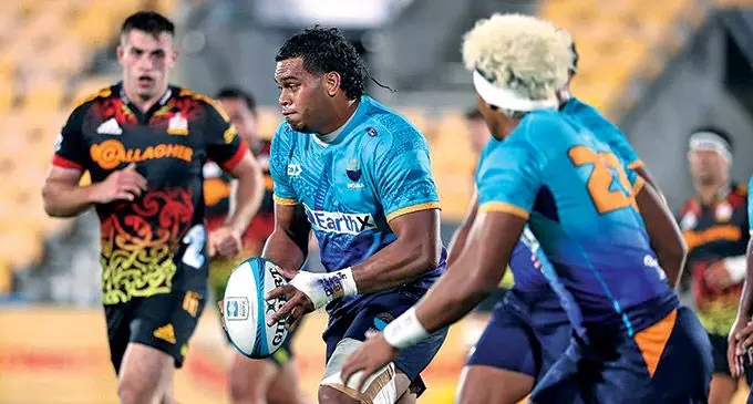Solomone Funaki carries for Moana Pasifika in their Super Rugby Pacific defeat to Chiefs on March 19, 2022.