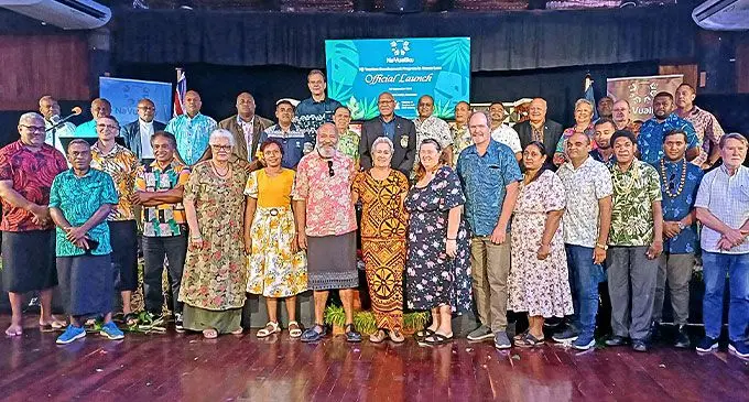 NaVualiku programme launched by Prime Minister Sitiveni Rabuka (back row, middle), accompanied by Deputy Prime Minister and Minister for Tourism and Civil Aviation Viliame Gavoka (back row, sixth from right), and World Bank Group country manager for Fiji, Stefano Mocci (back row, seventh from left), and invited guests at Wasawasa Lodge, Savusavu on September 20, 2024. Photo: Shratika Naidu