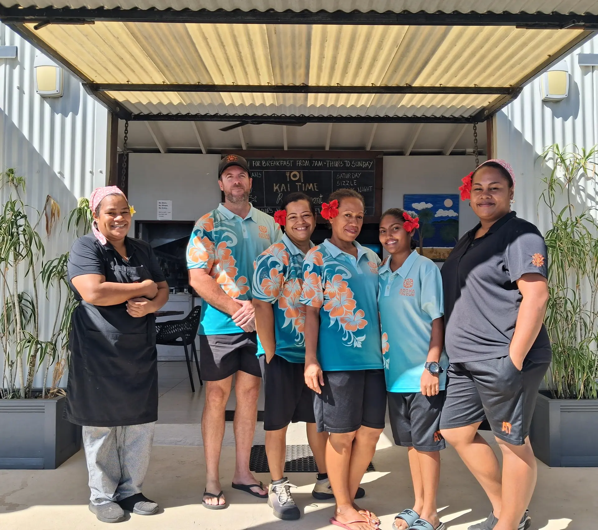 Aroha Resort Taveuni Beachfront Bures owner Rod Kennedy (second from left) with staff in Taveuni on July 9, 2026.  Photo: Devisha Prakash
