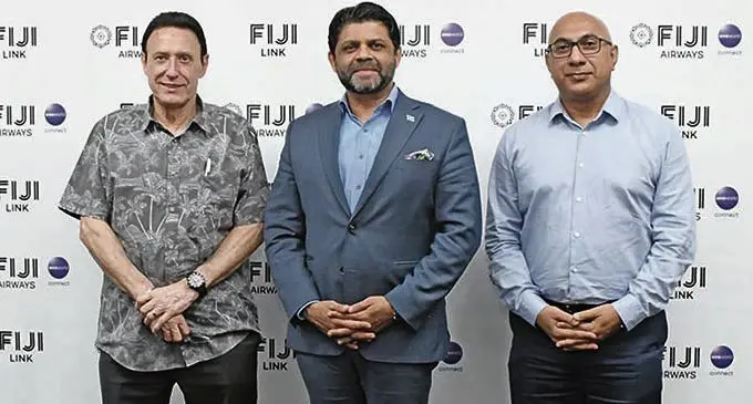 From left, Fii Airways managing director and chief executive officer Andre Viljoen, Attorney-General and Minister for Economy Aiyaz  Sayed-Khaiyum with Fiji Airways chairman Rajesh Punja.  Photo: Charles Chambers 