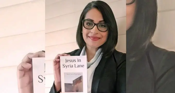 Human rights lawyer Sabrina Sharma with her book Jesus in Syria Lane.