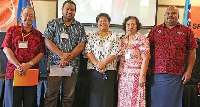 From left: Fiji National Sports Commission chairman Peter Mazey, Director Stakeholder Relations Fiji Water Geoffrey Smith, Fiji Sports Council chief executive officer Litiana Loabuka, Luisa Finiasi with Vodafone Fiji’s manager sponsorship Adriu Vakarau during the annual National Sporting Organisations Conference at Grand Pacific Hotel, Suva on March 9,2019. Photo: Simione Haranavanua