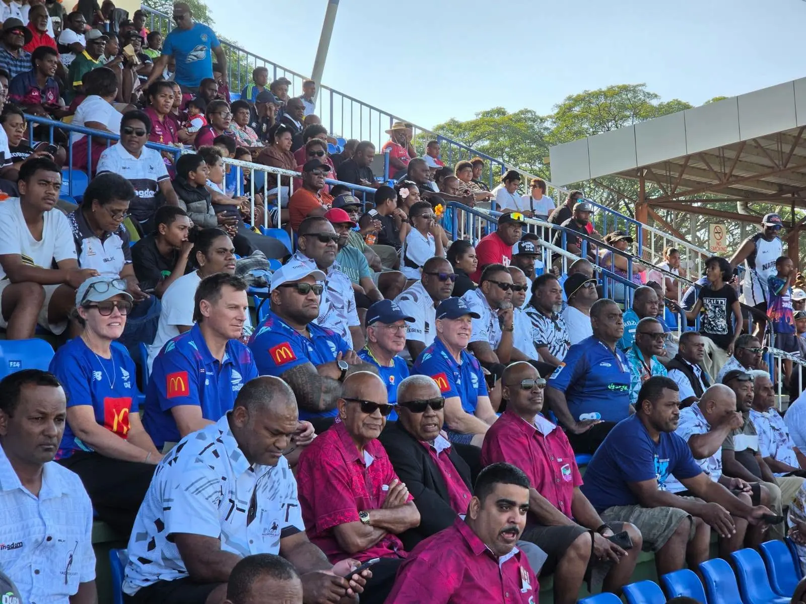 Fijian Drua head coach Brad Mooar (second from left) watching the Skipper Cup clash between Lautoka and visitors Nadroga at Churchill Park on August 1, 2026. Photo: Fijian Drua