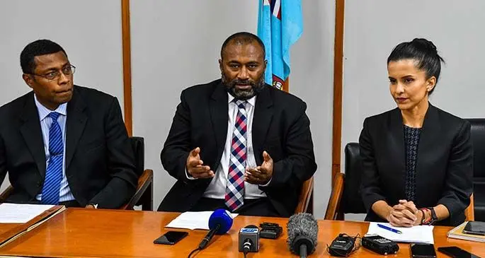 From left; Fiji’s Chief Medical Adviser, Dr Jemesa Tudravu, Minister for Health and Medical Services Dr Ifereimi Waqainabete and Head of Health Protection, Dr Aalisha Sahu Khan during a press conference on January 27, 2020. Photo: DEPTFO News