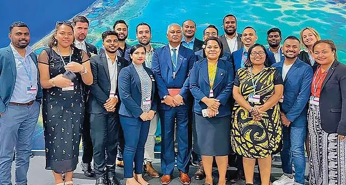 Head of the Fijian Delegation to COP27 Fiji’s Permanent Representative to the United Nations, Dr Satyendra Prasad with members of the Fijian delegation and negotiators at COP27 in Sharm El-Sheikh, Egypt, on November 16, 2022. Photo: Supplied