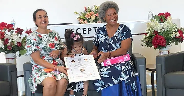 From left, Priyanka Chand, Amyra Prasad and Assistant Minister for Housing and Local Government, Lenora Qereqeretabua.