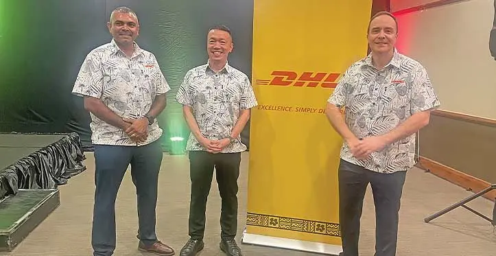 From left: DHL Express country manager Fiji and Pacific Islands, Sarvesh Devan, DHL Express Asia Pacific chief executive officer Ken Lee and DHL Express managing director New Zealand and Pacific Islands, Mark Foy during the DHL Express cocktail at Suva’s Grand Pacific Hotel on August 22, 2023. Photo: Maraia Vula