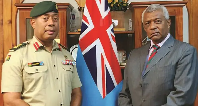 Minister for Home Affairs Pio Tikoduadua with RFMF Commander Major-General Ro Jone Kalouniwai. Photo: Ministry of Home Affairs