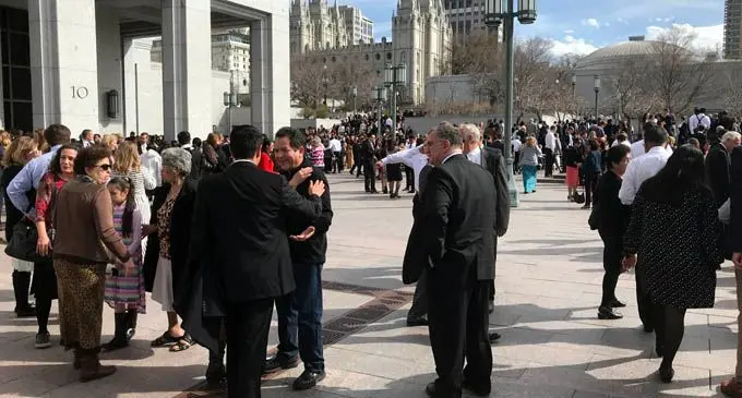 Delegates outside the conference centre after the afternoon session of the Church of Jesus Christ of the Latter-day Saints General Conference.  Photo: Nemani Delaibatiki 
