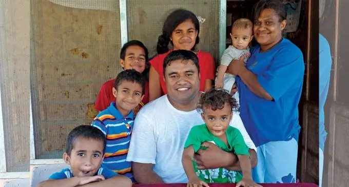 (From left )Jason Mario, Nathaniel Pesamino, Michael Mario, Mahoniia Mario, Adi Laite Nima holds Arthur Mario and Joseph Mario holds Tyron Sefeti at their home in Naidrodro, Ba.  Photo: Salote Qalubau