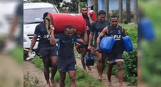 The Fijian sevens training squad on their way to the Sigatoka sand dunes on January 5, 2023. Front from left: Alasio Naduva, Waisea Nacuqu, Manueli Maisamoa and Tira Welagi. Photo: Waisea Nasokia