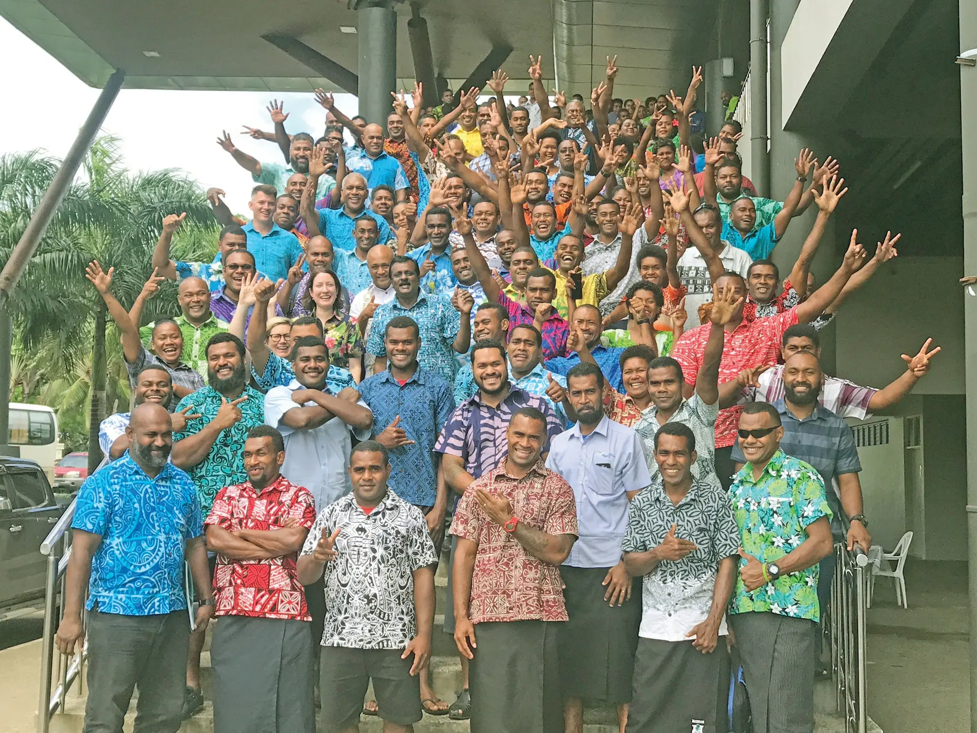 Minister for Employment, Productivity and Industrial Relations and Youth and Sports Parveen Bala, Australian Deputy High Commissioner Anna Dorney and officials with Fijians who will be leaving for Australia under the Seasonal Worker Programme and Pacific Labour Scheme. Photo: Kelera Sovasiga