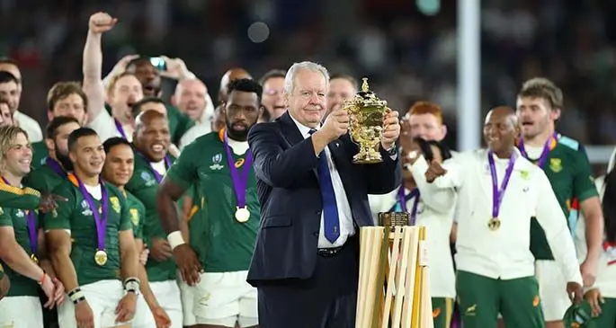 World Rugby chairman Bill Beaumont holds the Webb Ellis Trophy before presenting it to South Africa after the 2019 Rugby World Cup final in Tokyo, Japan. Photo: World Rugby
