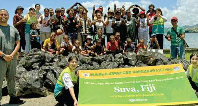 ASEZ workers, church members, and volunteers during a clean-up event at the Civic Centre foreshore in Suva on January 19, 2025. Photo: Viliame Tawanakoro 