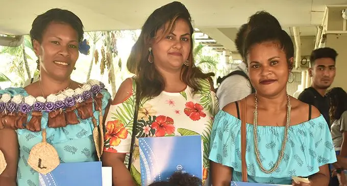 Fiji National University’s National Training and Productivity Centre graduates (from left): Sainimere Valeria, Warsha Sharma, Alumita Tabua with her daughter. Photo: Mereleki Nai