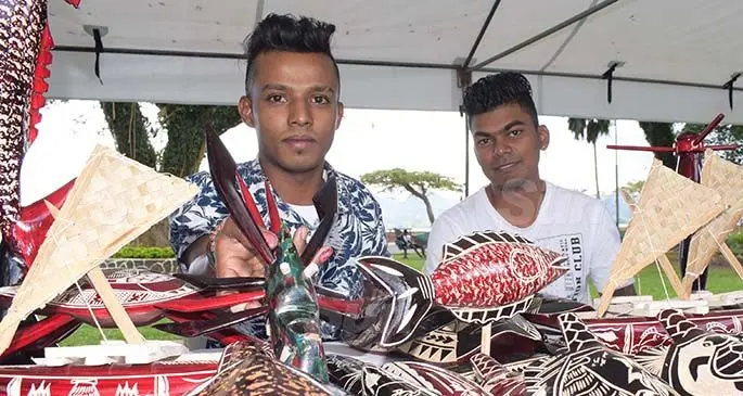 Praneel Prasad (left) and Roneel Kumar with some of their handicraft on sale during the Open Market Day at Ratu Sukuna Park on August 7, 2020. Photo: Ronald Kumar