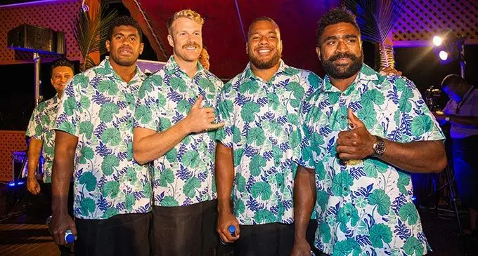 Swire Shipping Fijian Drua players (left-right) Kalione Nasoko, Baden Kerr, Tevita Ikanivere and Onisi Ratave at the Fiji Museum in Suva on April 25, 2022. Photo: Leon Lord