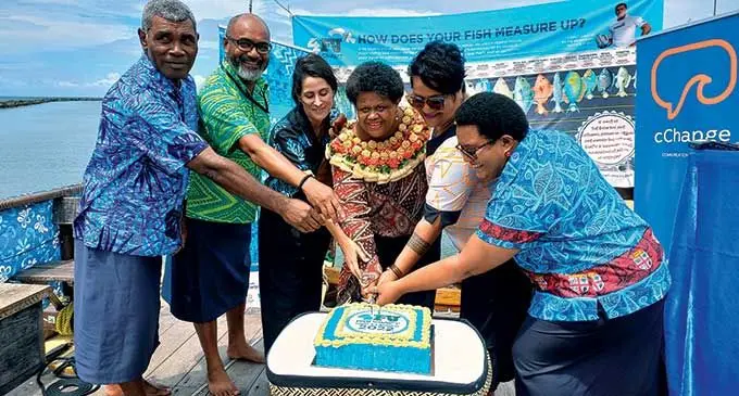 From left: Mata ni Tikina Dawasamu Sanaila Rokotuivuna, Programme Management Unit Co-ordinator for SPC-Pacific-European Union Marine Partnership, Martin Chong of, EU Fiji Programme Manager, Noa Sainz Lopez, Ministry of Fisheries Deputy Secretary Atelaite Rokosuka, cChange Programme Manager, Mafa Wilson and Fisheries Director Neomai Ravitu on March 30, 2022.  Photo: Sheenal Charan