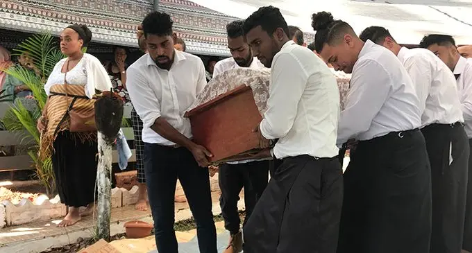 Roy Krishna (front- left) carries the casket of his former teacher and coach Vinay Singh at Vunivau, Labasa on July 31, 2020.  Photo: Shratika Naidu  