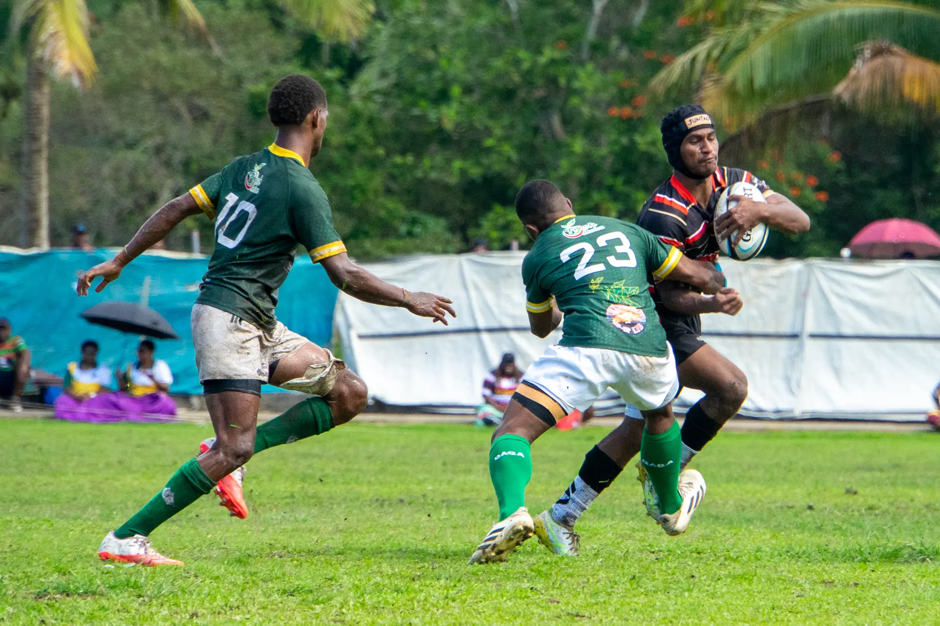 Naitasiri Under-20 outside centre Judah Draiva (right) is tackled by Tailevu centre Jovilisi Rokoiri during their Skipper Cup Under-20 round 5 match at Nakelo District School on August 29, 2026. Photo: loane Asioli
