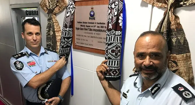 Commissioner of Police Brigadier-General Sitiveni Qiliho (right) and Australian Federal Police, senior liaison officer Suva, Superintendent Adrian Morton open the new command centre at Labasa Police Station on July 21, 2022. Photo: Shratika Naidu 