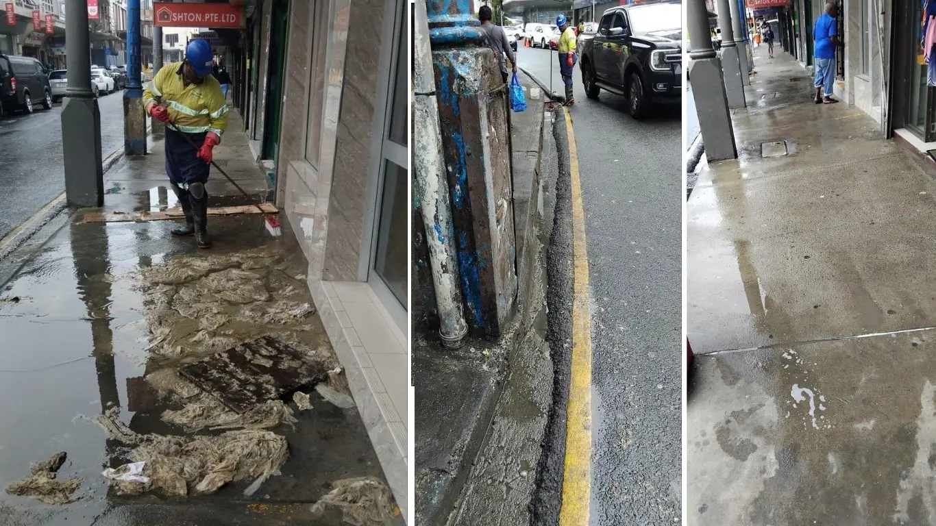 A sewage overflow disrupted businesses on Cumming Street in Suva after a pump failure at the Robertson Pump Station.