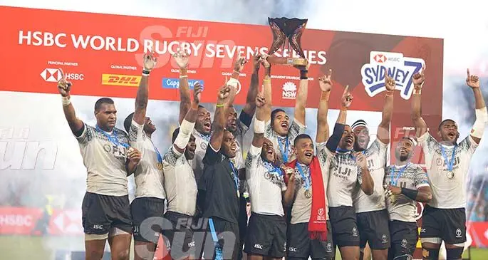 Fiji Airways Fijian 7s team celebrate their first victory at the Sydney Sevens on February 2, 2020. Photo: Bruce Southwick/ZoomFiji