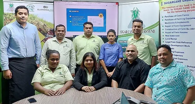 Standing (from left): TRFB system administrator, Paula Latu, SCGF loans officer administration, Rakesh Roshan, SCGF manager lending and operations, Sagar Dayal, Datec analyst programmer, Shetashni Devi and SCGF business analyst, Prashneel Prasad. Sitting (from left): SCGF IT support officer, Sala Nalotawa, manager IT, Sheetal Shalini, TRFB ICT manager, Taniela Koloamatangi and TRFB chief operations officer, Tevita Veituna at the SCGF head office in Lautoka on November 2, 2022. Photo: Nicolette Chambers 