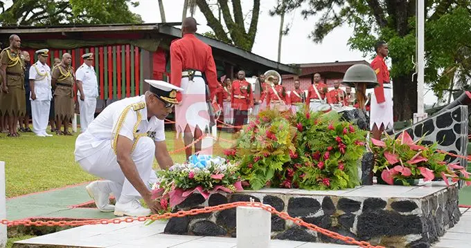 Republic of Fiji Military Forces (RFMF) Commander Rear Admiral Viliame Naupoto Viliame Naupoto laid the wreath to remember those who died at Queens Elizabeth Barracks during 2nd November, 2000 mutiny during Remembrance Day church service on 2 November, 2019 . Photo: Ronald Kumar.