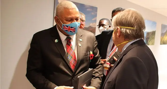 Prime Minister Voreqe Bainimarama with United Nations Secretary-General Antonio Guterres (right) at the COP26 in Glasgow, Scotland, on November 11, 2021. Photo: Office of the Prime Minister