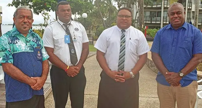 From left; Ministry of Defence manager national defence and policing division George Washington, Eseroma Baleisuva,  Permanent Secretary for Defence, National Security and Policing Manasa Lesuma and Director CID Mesake Waqa at the opening of the Countering Human Trafficking training at the Radisson Blu Resort Fiji Denarau Island on March 4, 2021. Photo: Waisea Nasokia