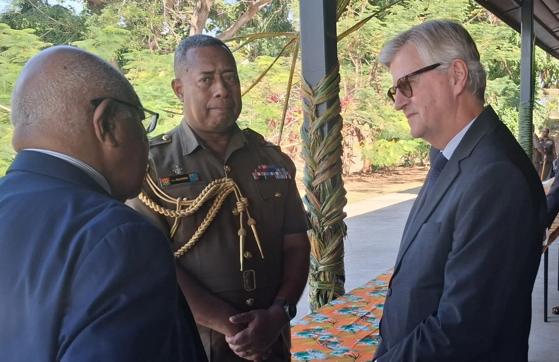 RFMF Commander Major-General Ro Jone Kalouniwai,  United Nations Under-Secretary-General for Peace Operations Jean-Pierre Lacroix  and Prime Minister Sitiveni Rabuka. Photo: WAISEA NASOKIA.