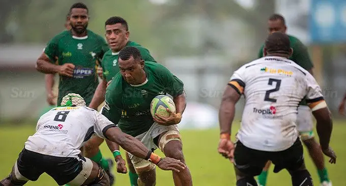 Nadoga No.8 Jioji Kunavula makes a tackle against Tailevu during their Skipper Cup clash on April 6, 2024. Photo: Leon Lord