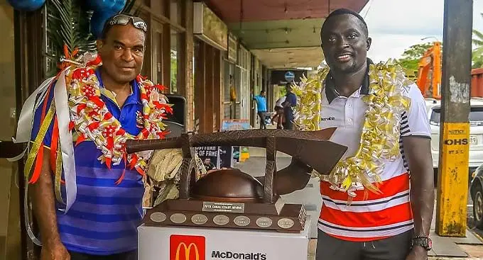 Sevens rugby legend Noa Nadruku (left) and Collins Injera of Kenya in Sigatoka Town on January 11, 2023. Photo: Coral Coast Sevens