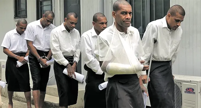 From left: Bainivalu Tuimatavesi, Filipe Delana, Ulaiasi Qalomai, Josaia Usumaki, Solomoni Qurai, and Peniasi Qalibau outside the Magistrates Court in Suva on January 12, 2019. Photo: Selita Bolanavanua