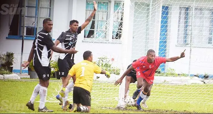 Western Division Two goalkeeper, Jayson Chand claims foul against Central Division during the Kontiki Finance Police Interdistrict Championship at the Nasova ground, Suva on September 17, 2020. The goal was disallowed. Photo: Ronald Kumar