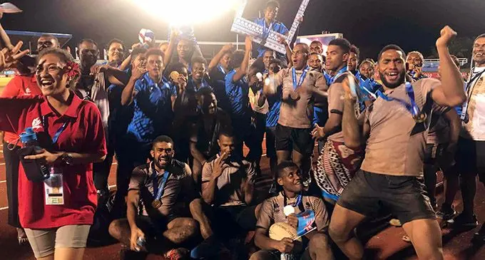 Going home with gold.. Team Fiji celebrates after winning the Pacific Games Rugby League 9s in Samoa. Photo: Anasilini Natoga